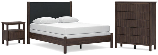 Pamytta Queen Upholstered Panel Bed, Dresser, Mirror and Nightstand