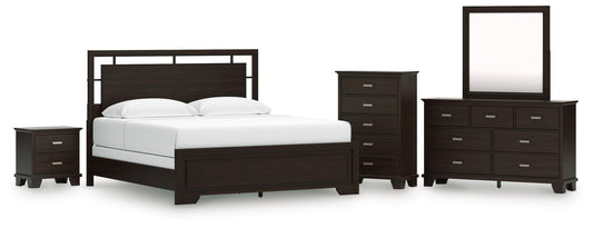 Covetown King Panel Bed, Dresser, Mirror, Chest and Nightstand