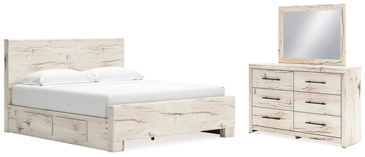 Lawroy King Panel Bed with Storage, Dresser and Mirror