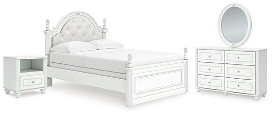 Kozlani Full Upholstered Panel Bed, Dresser, Mirror and Nightstand