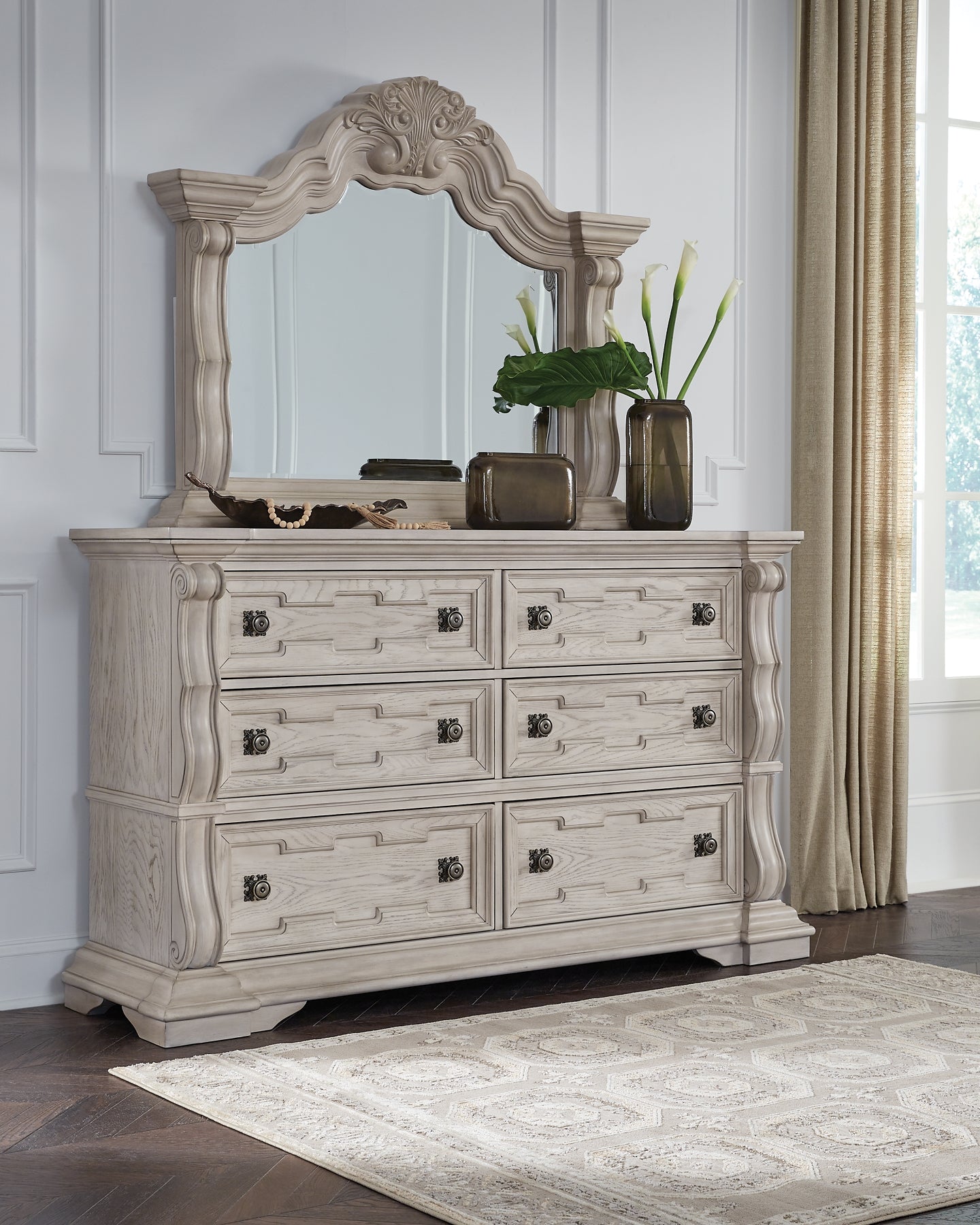Bruchandi King Upholstered Panel Bed with Mirrored Dresser and Nightstand