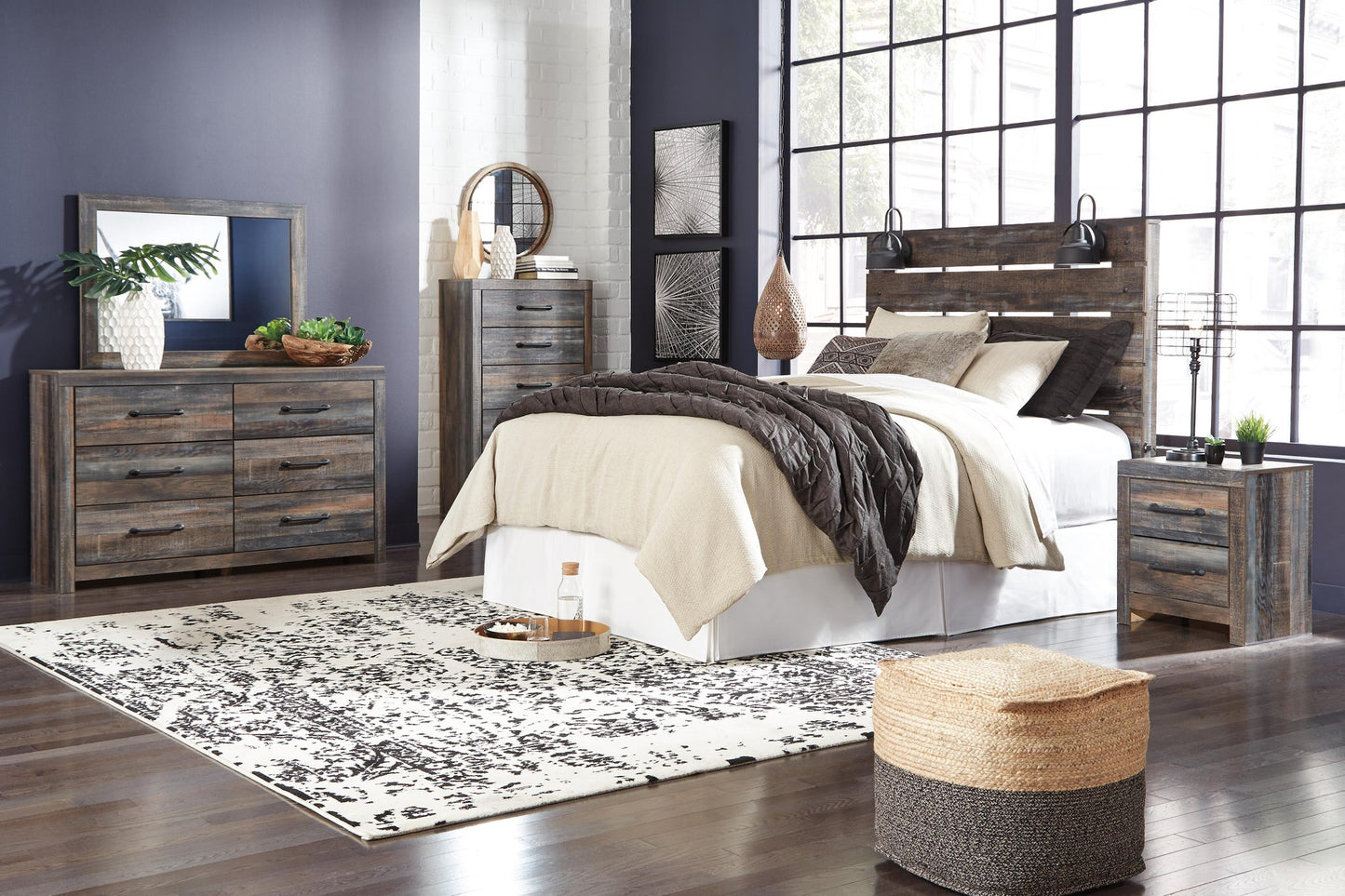 Drystan Queen Panel Headboard Bed with Mirrored Dresser, Chest and Nightstand
