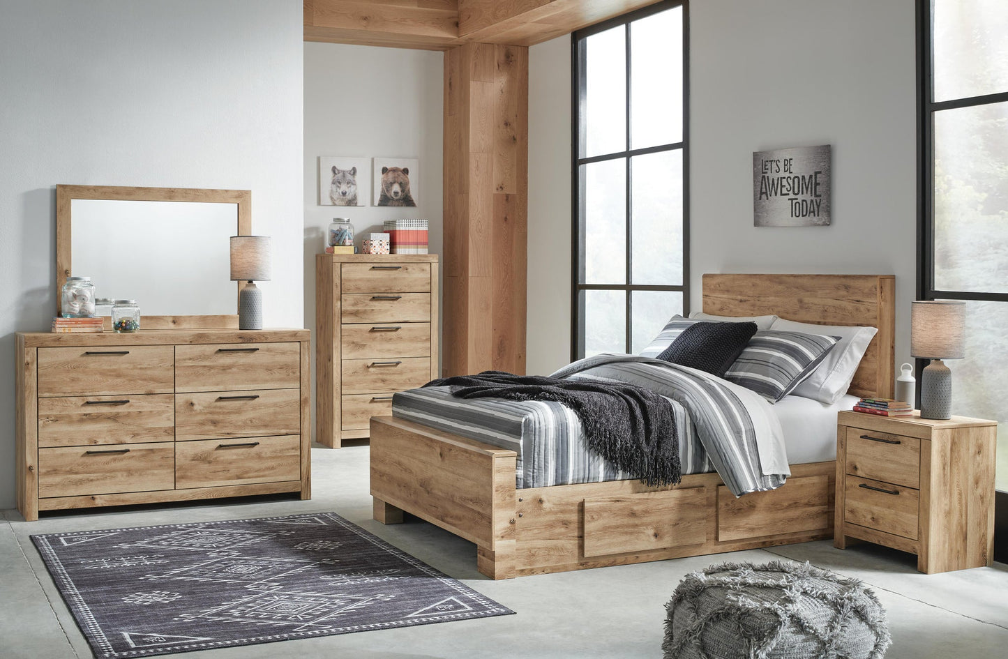 Hyanna Full Panel Bed with 2 Side Storage, Dresser, Mirror and Nightstand