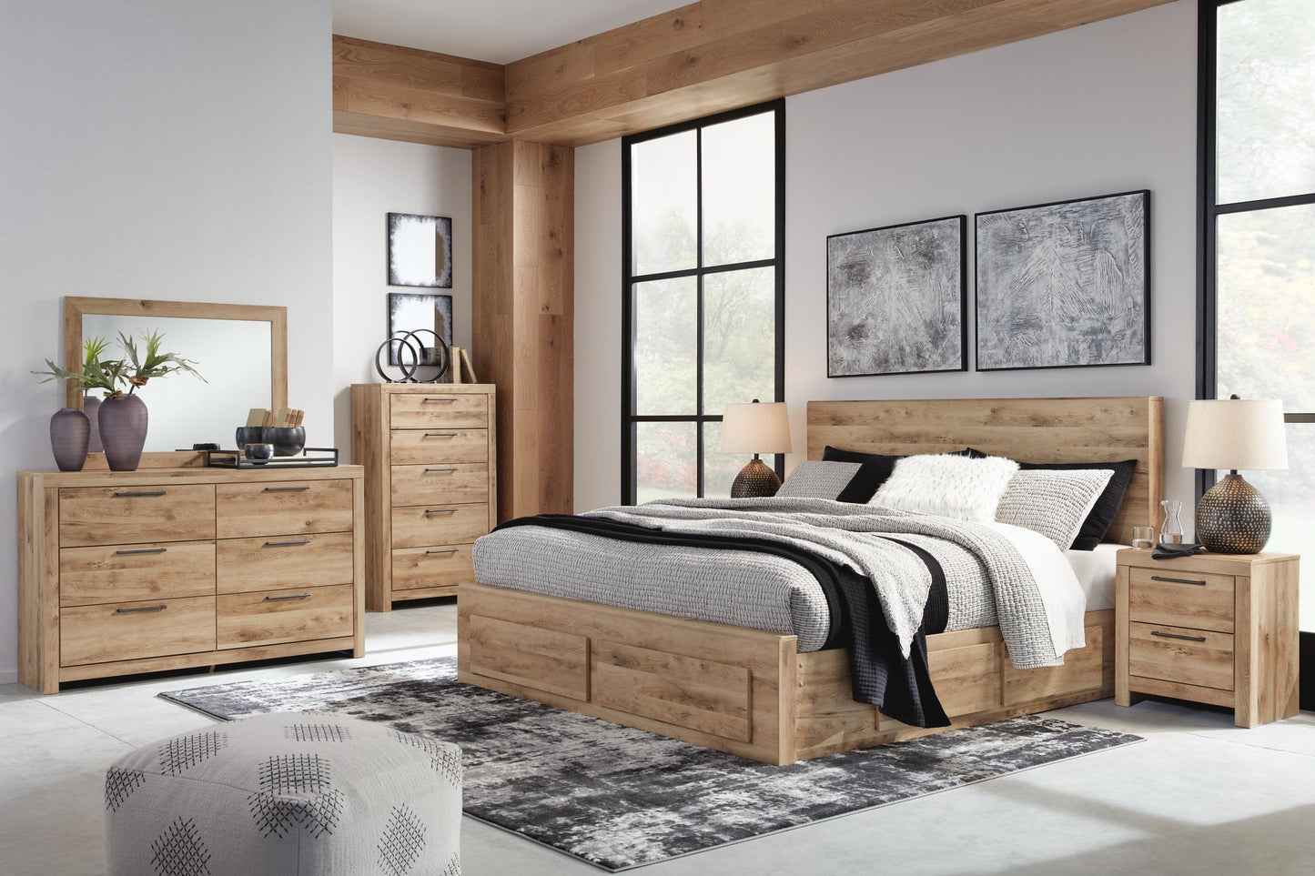 Hyanna King Panel Storage Bed with 1 Under Bed Storage Drawer, Dresser, Mirror and Nightstand