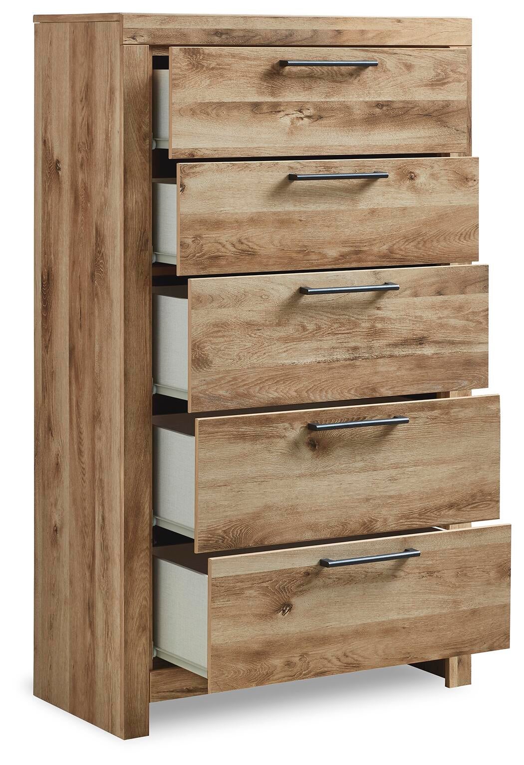 Hyanna King Panel Storage Bed with 1 Under Bed Storage Drawer, Dresser, Mirror, Chest and Nightstand