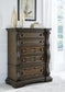 Maylee California King Upholstered Bed, Dresser, Mirror, Chest and Nightstand