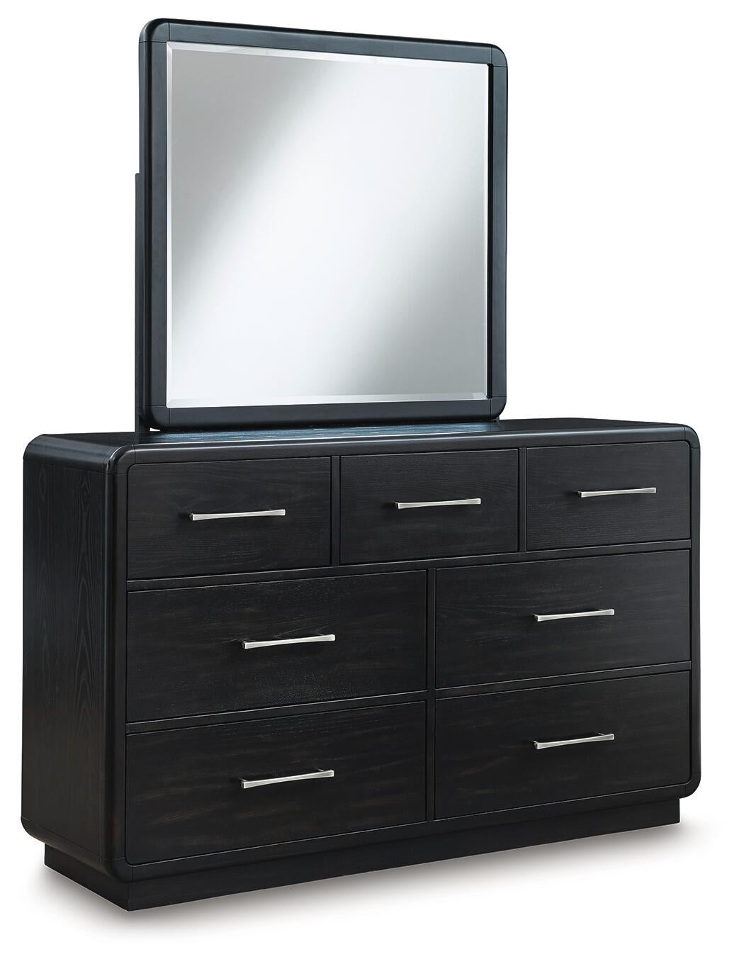 Rowanbeck California King Upholstered Panel Bed, Dresser, Mirror, Chest and Nightstand