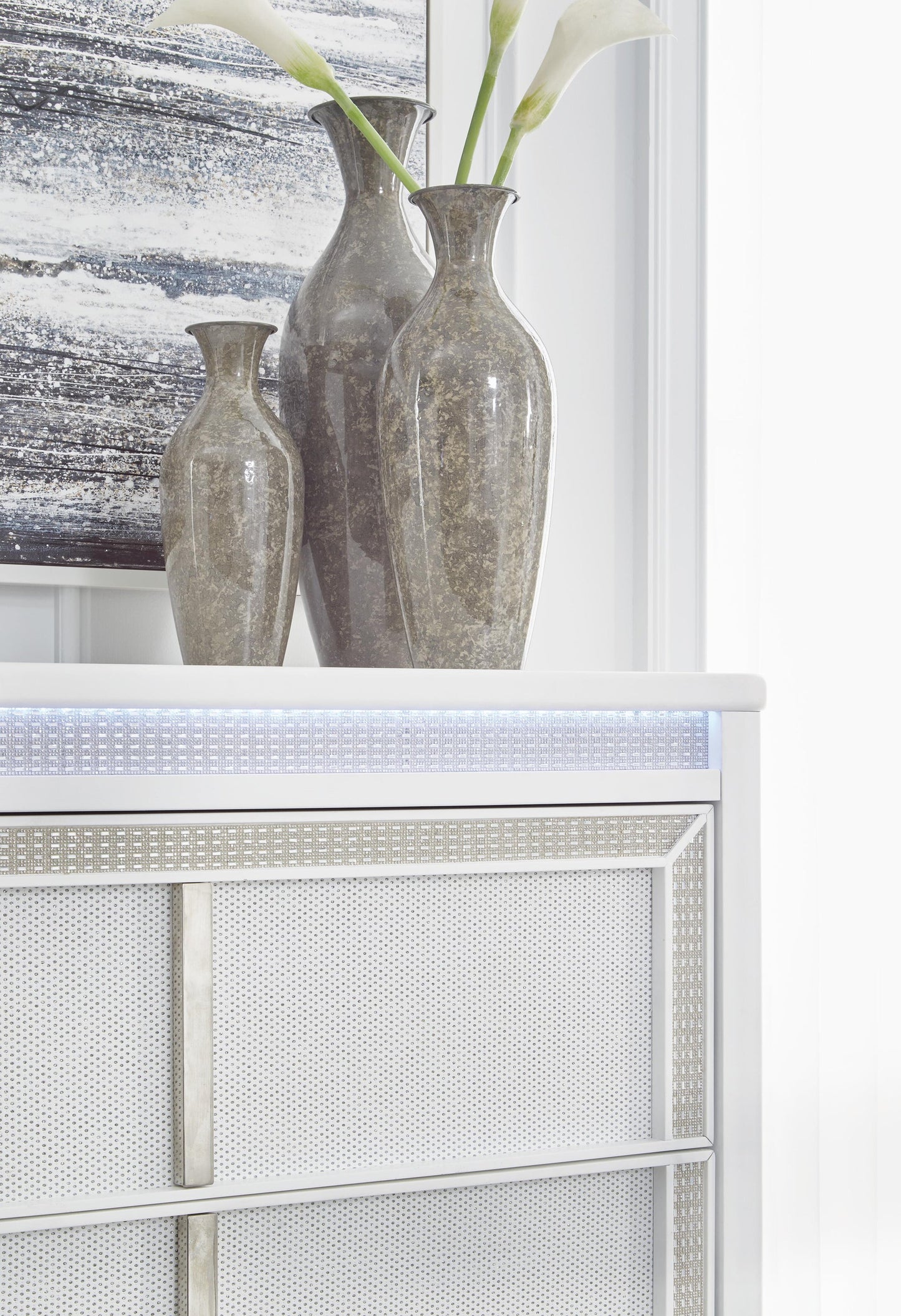 Chalanna King Upholstered Storage Bed, Dresser, Mirror, Chest and Nightstand