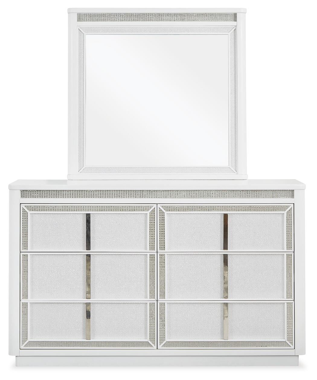 Chalanna California King Upholstered Storage Bed, Dresser, Mirror and Nightstand