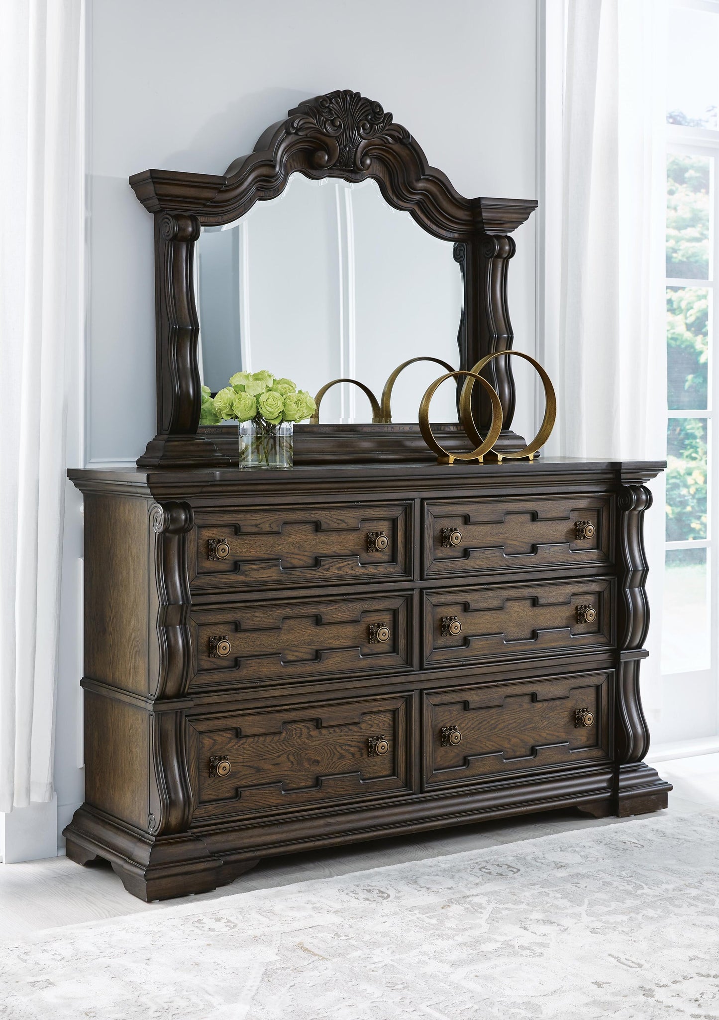 Maylee King Canopy Bed, Dresser, Mirror, Chest and Nightstand