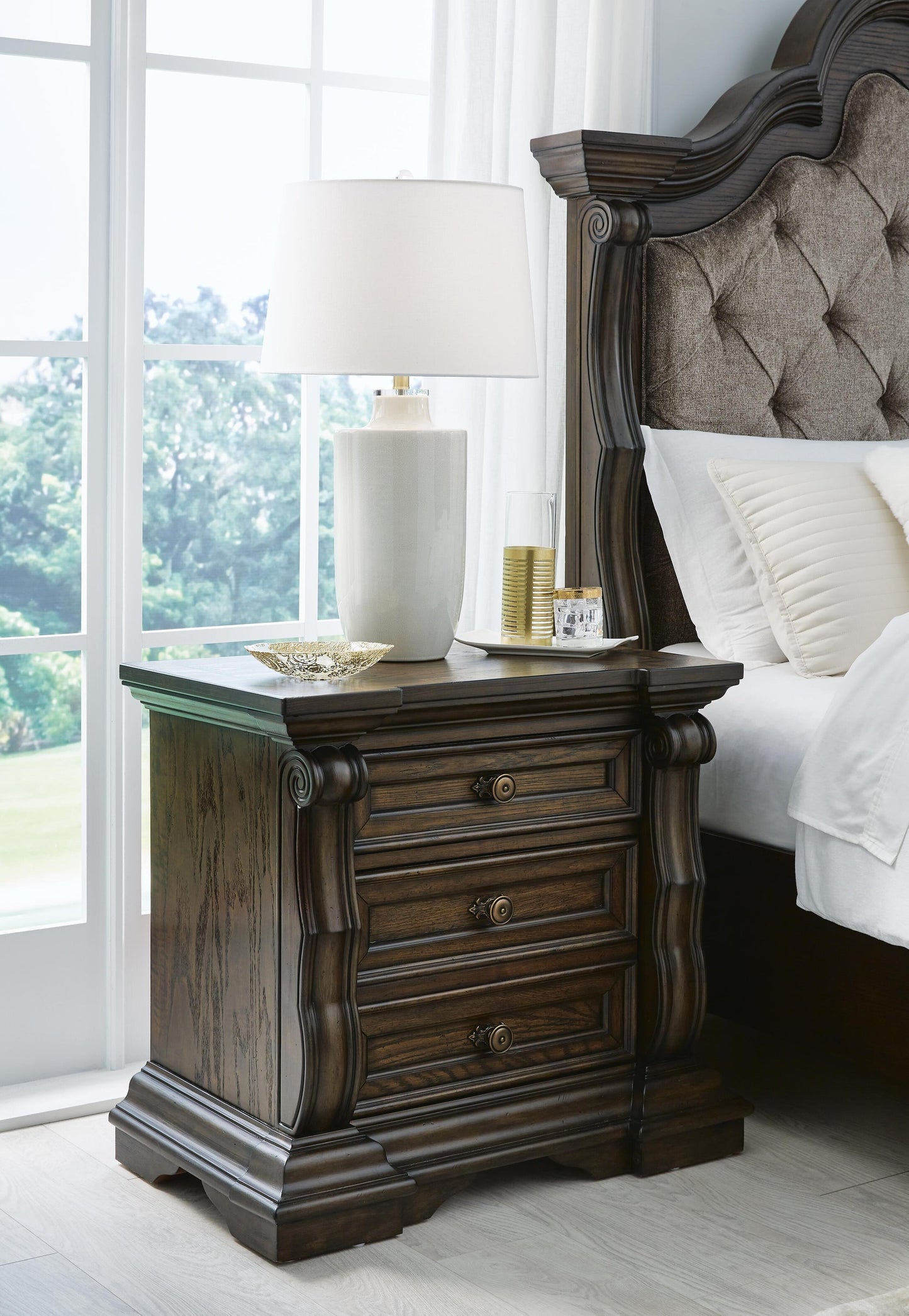 Maylee King Canopy Bed, Dresser, Mirror, Chest and Nightstand