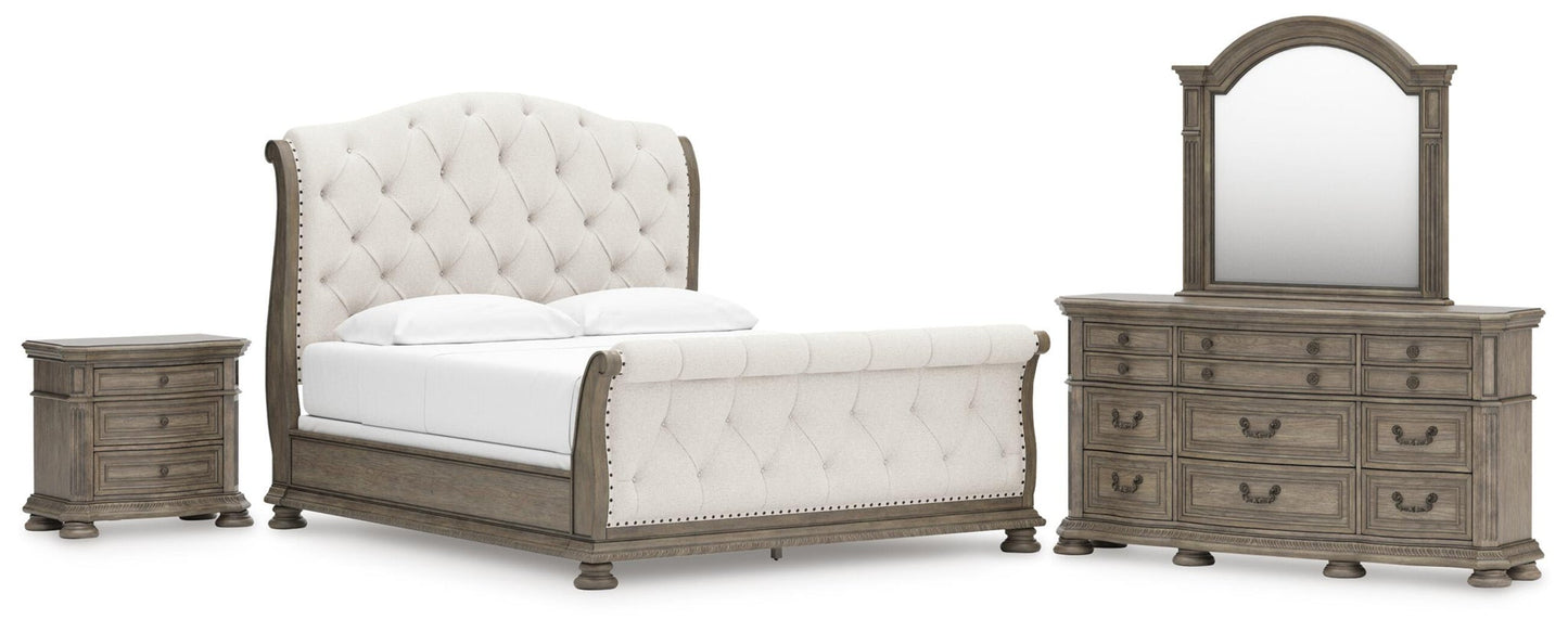Ardenfield California King Upholstered Sleigh Bed, Dresser, Mirror and Nightstand