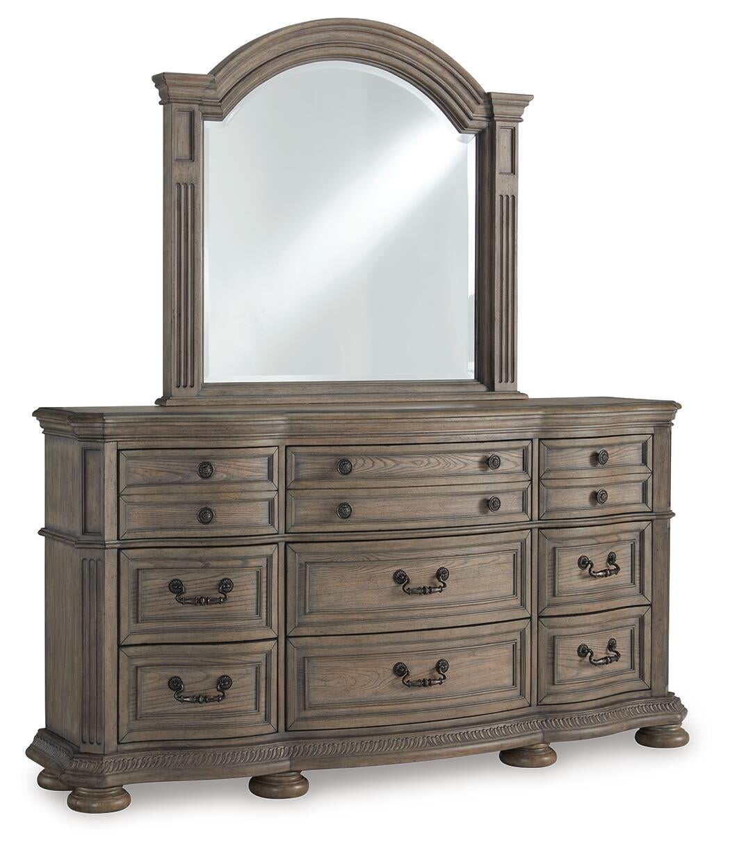 Ardenfield California King Upholstered Sleigh Bed, Dresser and Mirror