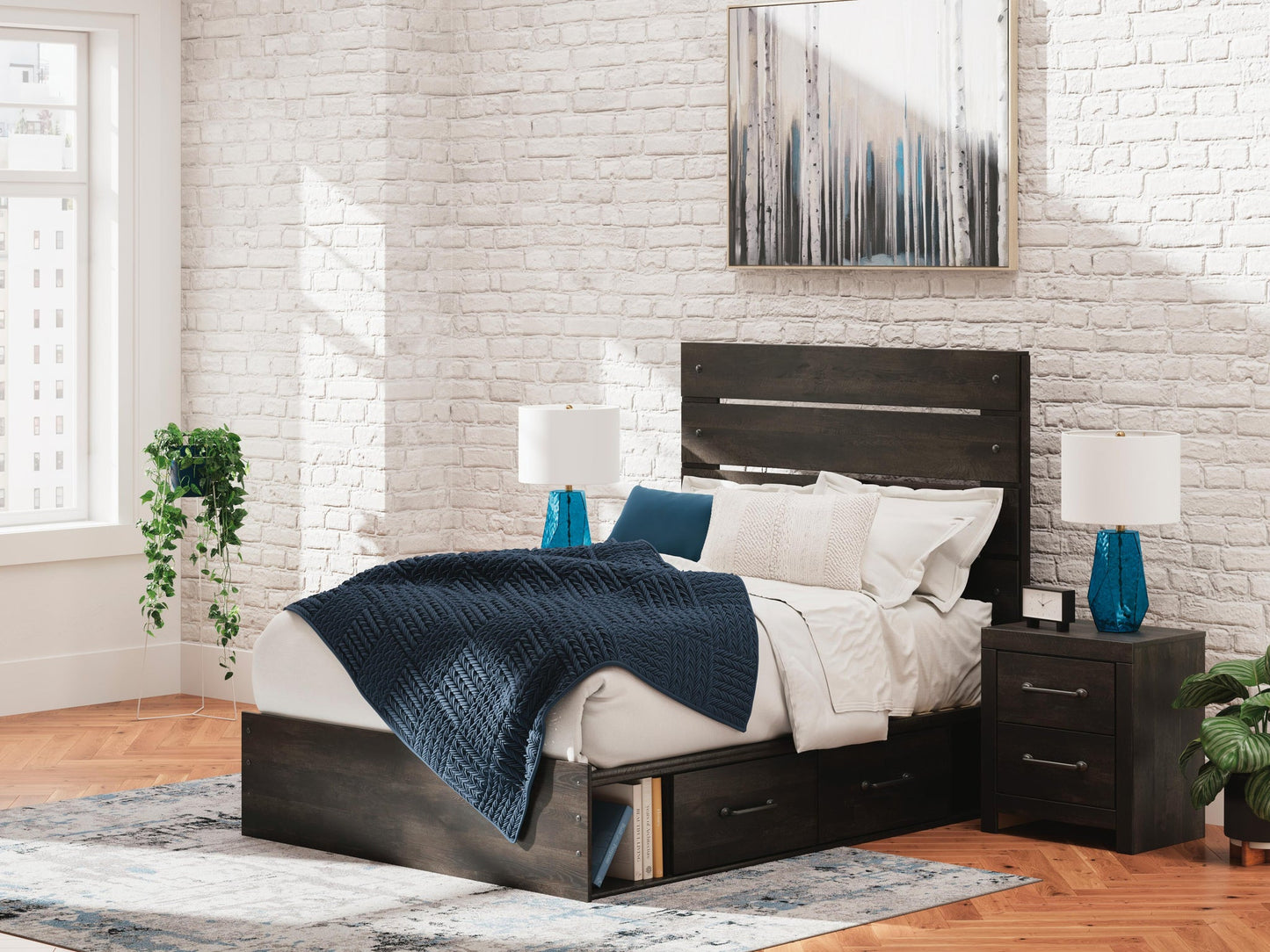 Hollivern Full Panel Bed with Storage, Dresser and Mirror