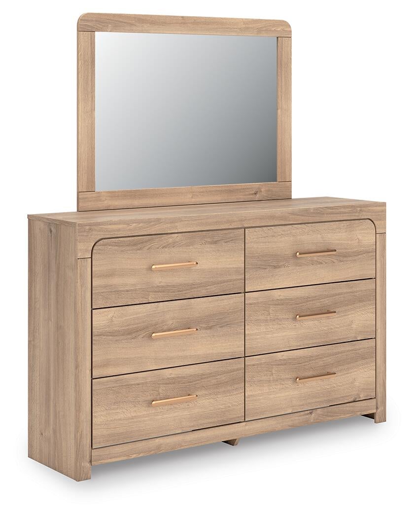 Kinlanni Queen Upholstered Panel Bed, Dresser, Mirror and Nightstand