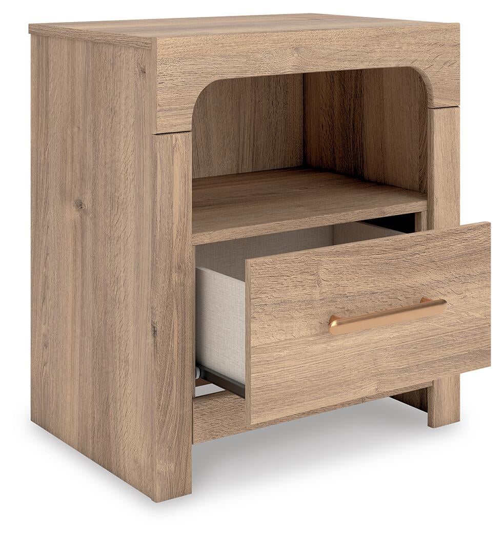 Kinlanni King Upholstered Panel Bed, Dresser, Mirror and Nightstand