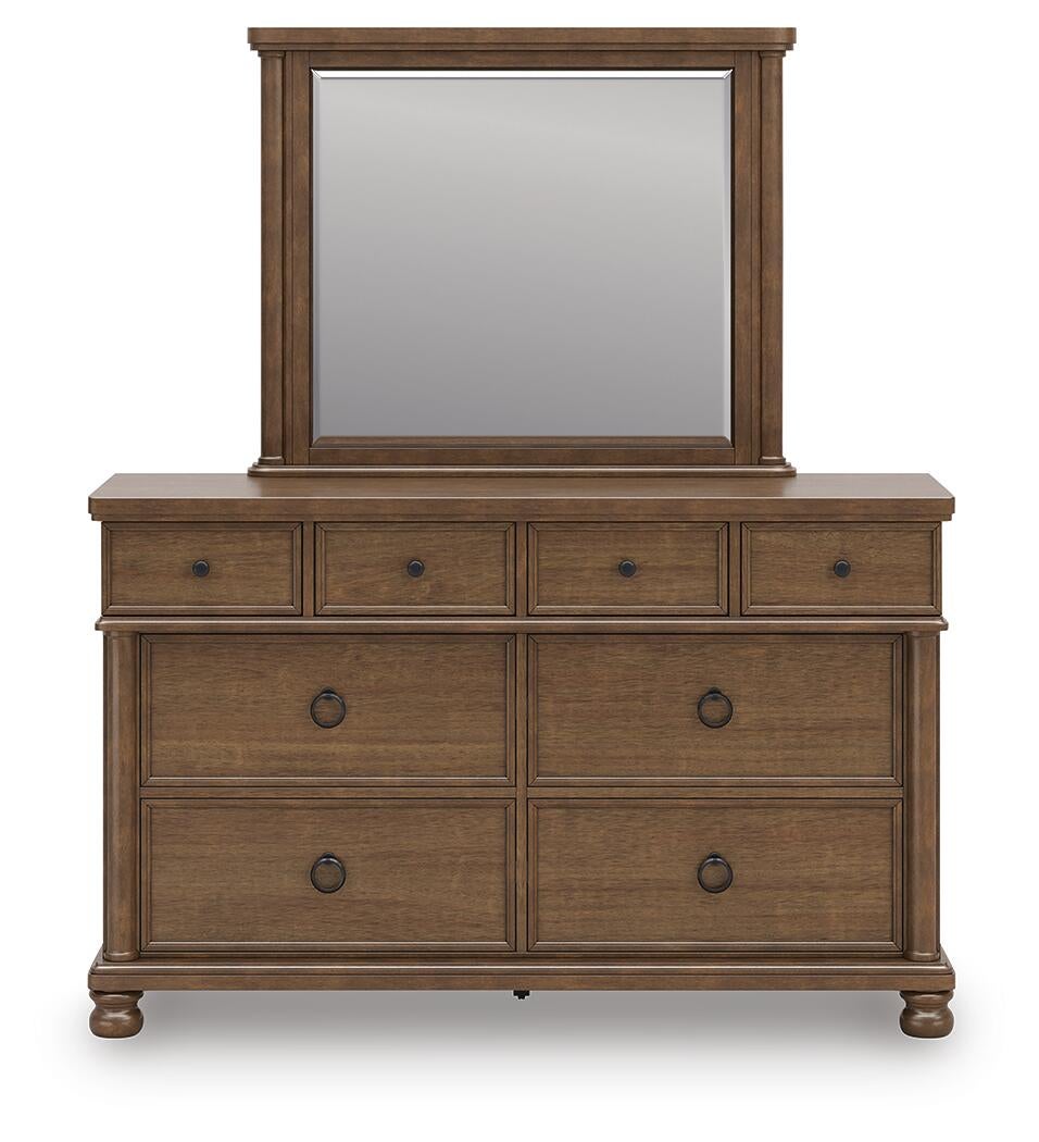 Rowlenstown California King Poster Bed with Mirrored Dresser