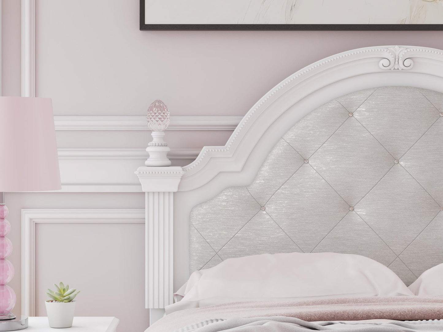 Kozlani Full Upholstered Panel Bed, Dresser and Mirror