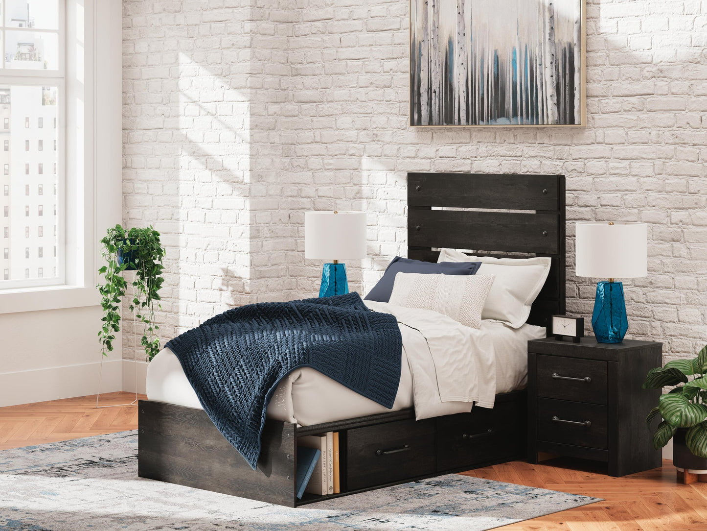Delmorta Twin Panel Bed with Storage, Dresser, Mirror and Nightstand