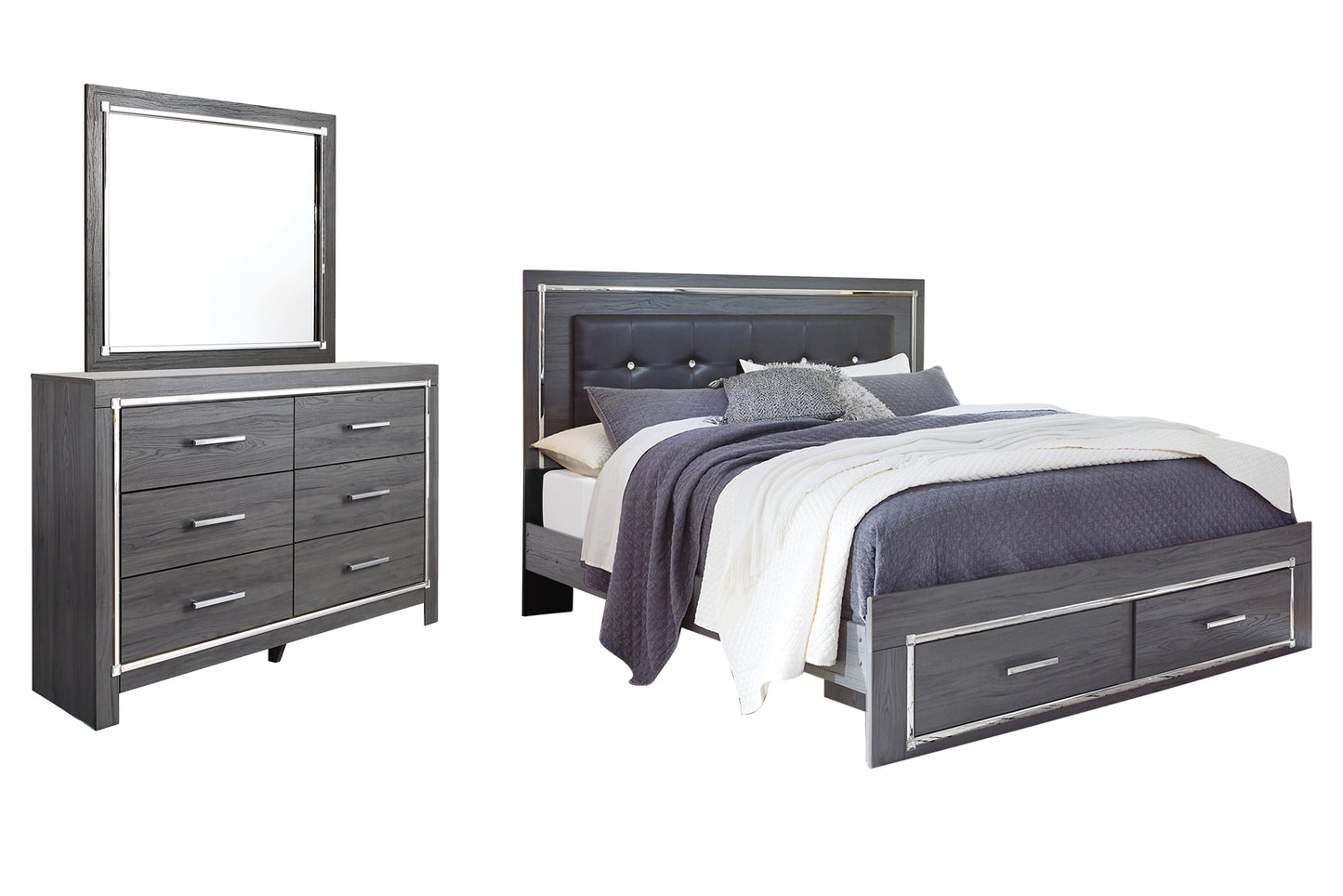 Lodanna Queen Panel Bed with 2 Storage Drawers with Mirrored Dresser