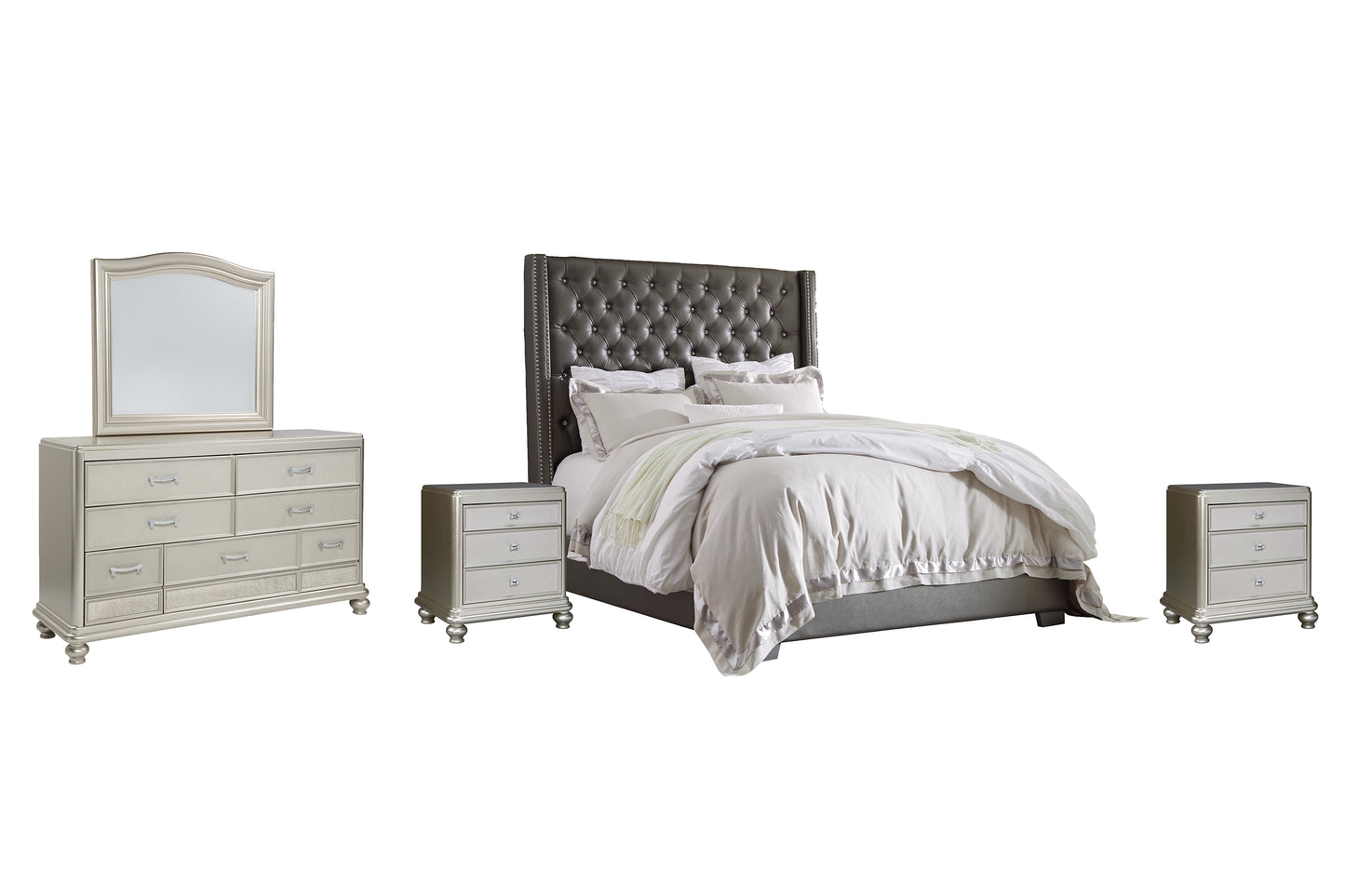 Coralayne California King Upholstered Bed with Mirrored Dresser and 2 Nightstands