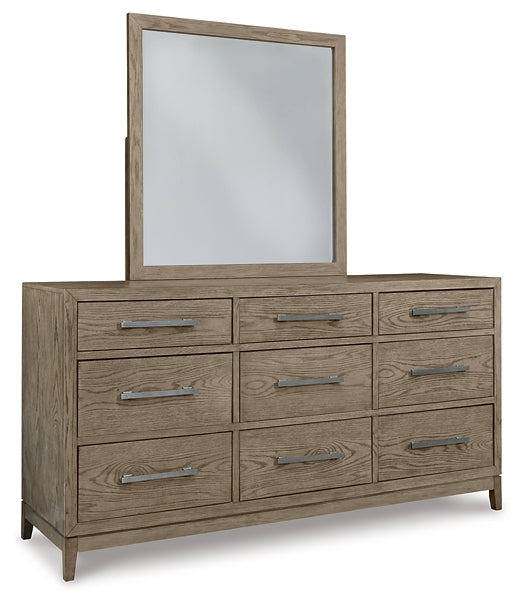 Chrestner California King Panel Bed with Mirrored Dresser and Chest
